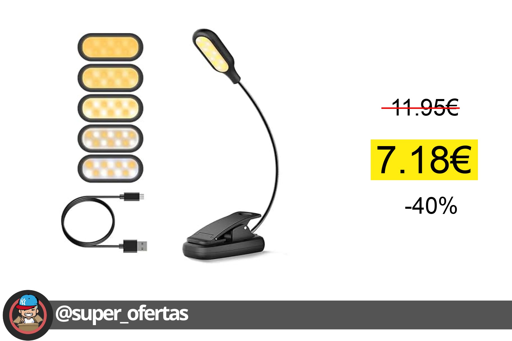〽Luz de lectura, 14 LED, 5 Colores de luz, Atenuacion de 4 niveles, Sin Luz Azul, Pinza, 360 Br