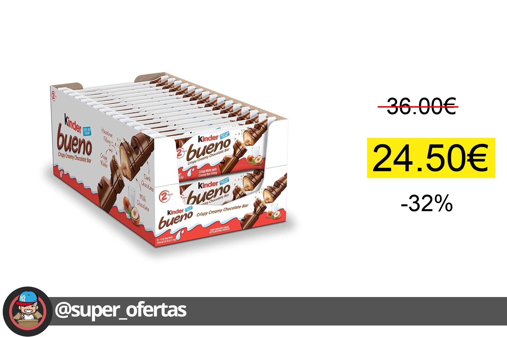 〽*Kinder Bueno Chocolate con leche y crema de avellanas1caja de 3043g,total 60 barras de chocol