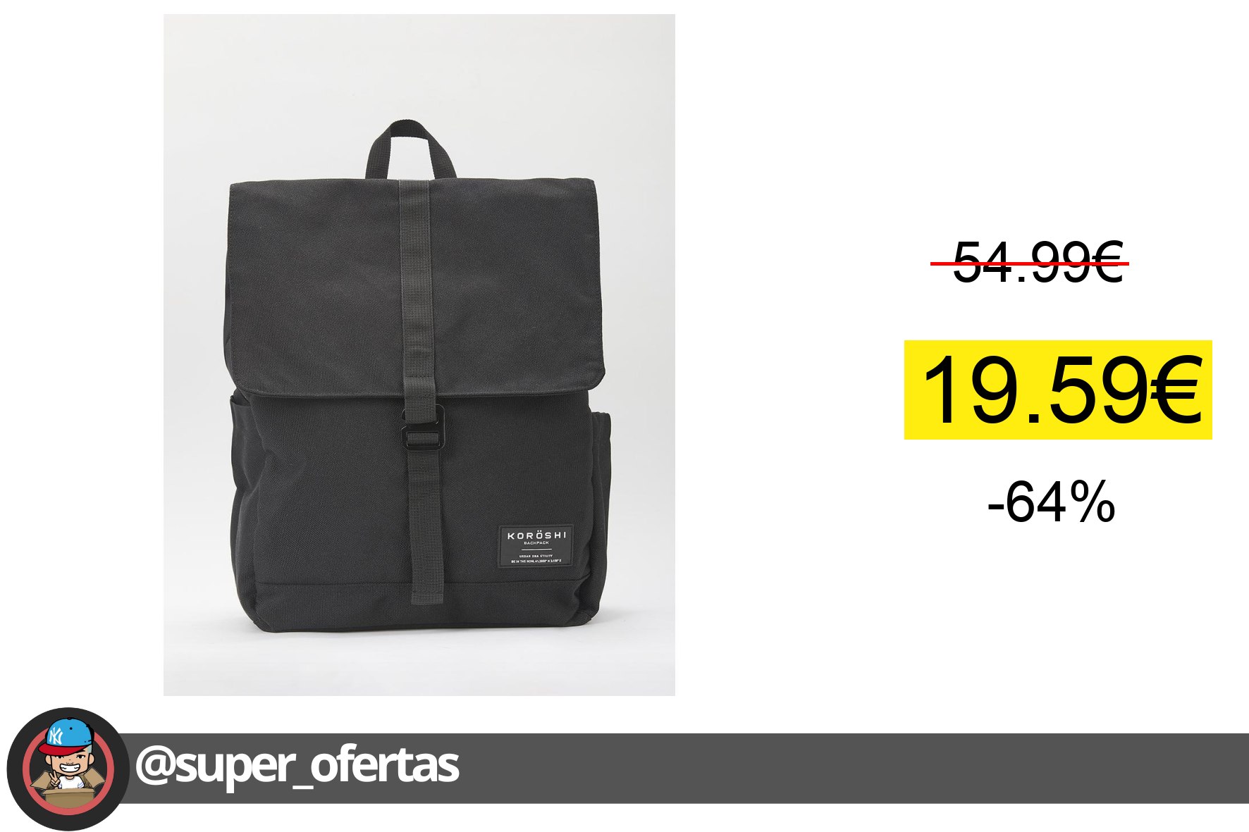 〽Koroshi Mochila con varios bolsillos y compartimentos con cierre de solapa