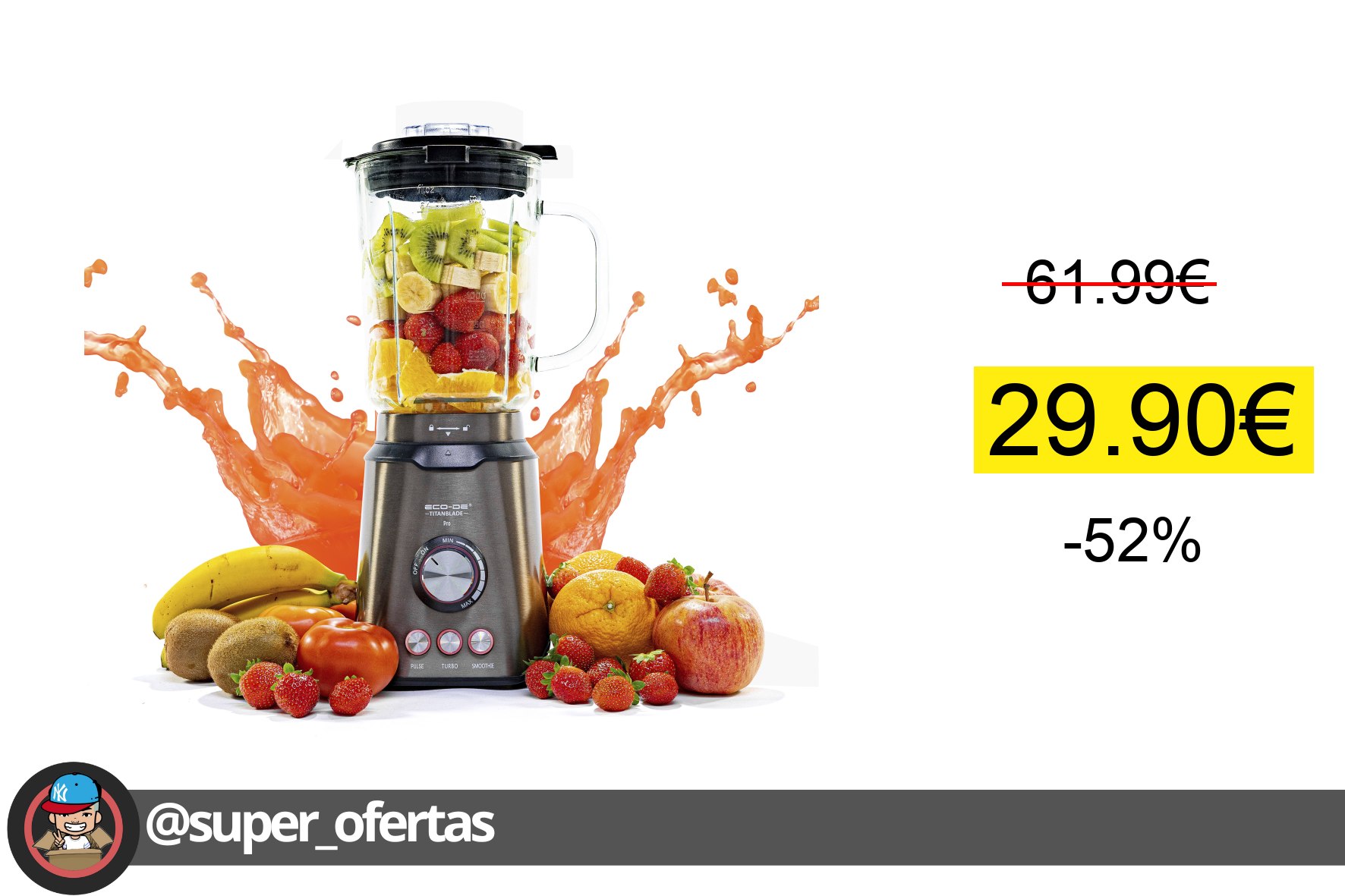 〽Eco-De Batidora de Vaso Titanblade Pro 1250W con Cuchillas de Titanio y Jarra de Cristal Termo