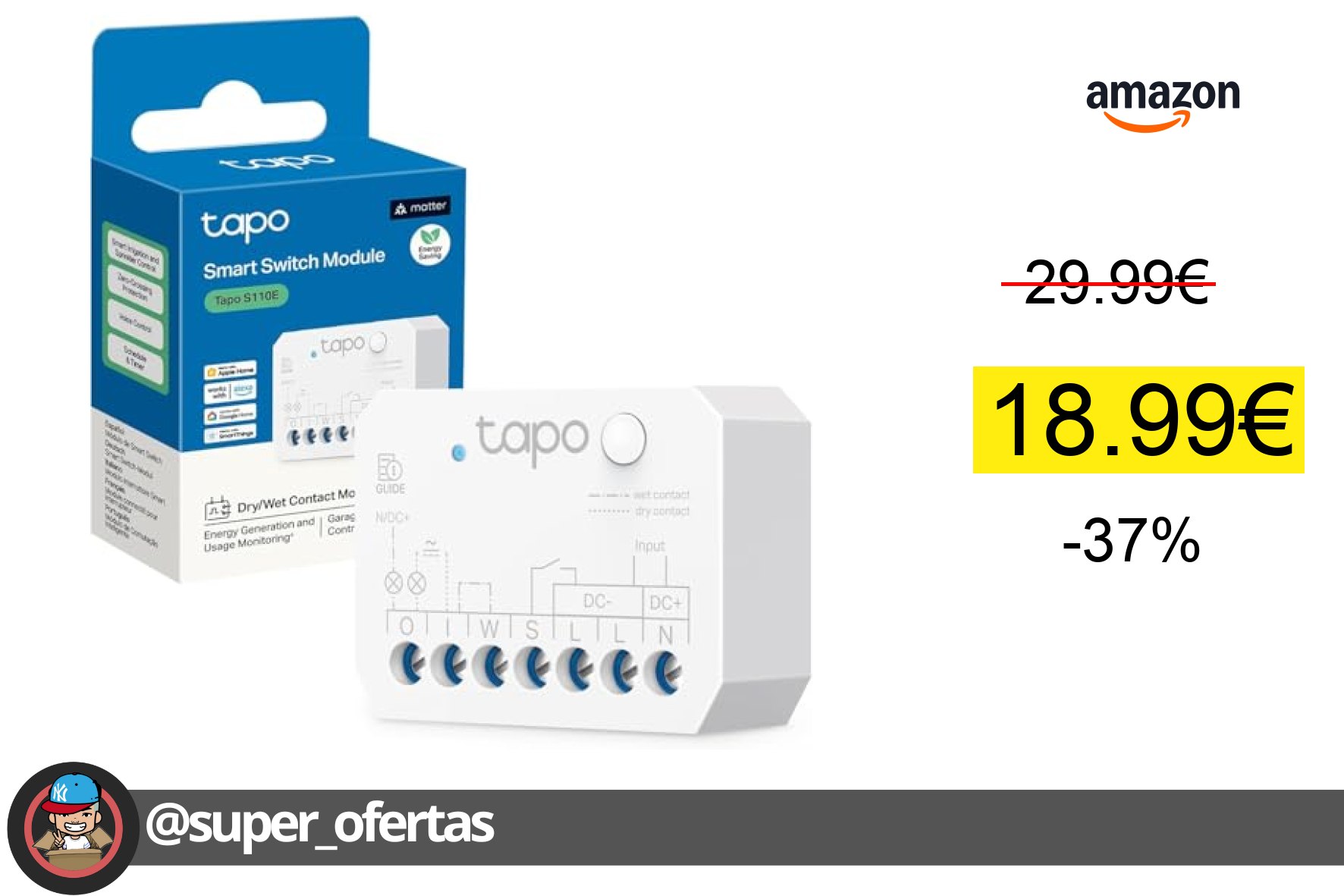 〽Tapo S110E - Módulo interruptor inteligente Wi-Fi + Bluetooth, contact seco/húmedo, monitor
