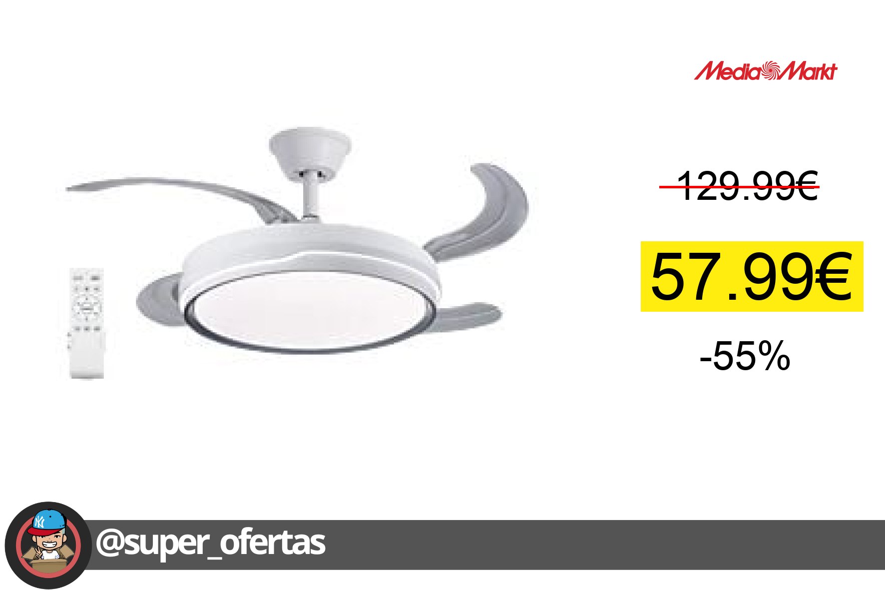〽Ventilador De Techo Con Luz - Seleok Flmfsd-2301, 30 W, 6 Velocidades, Aspas Retráctiles, Bla