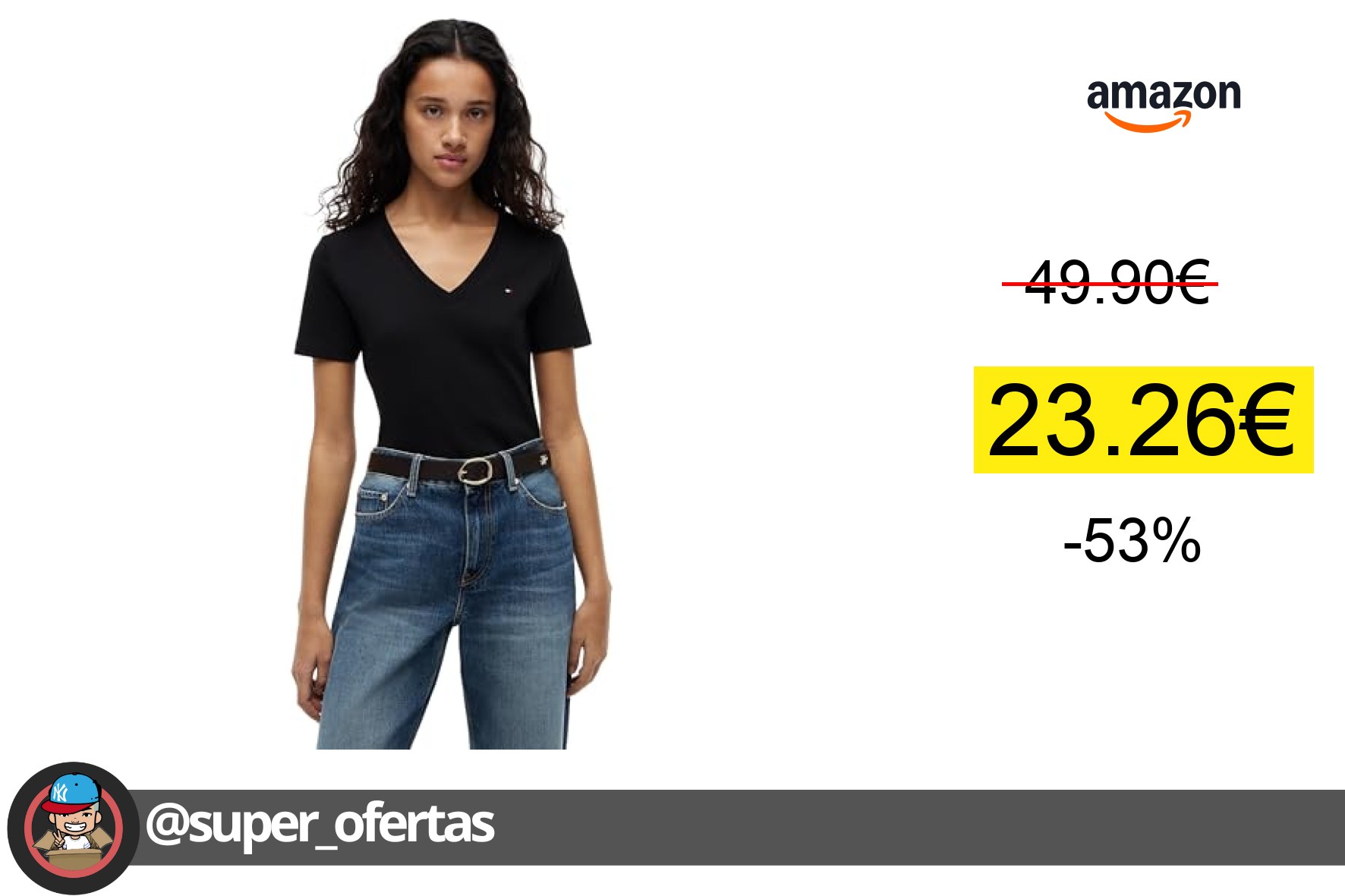 〽Tommy Hilfiger Camiseta de Manga Corta Mujer New Slim Cody con Cuello de Pico, Negro (Black)