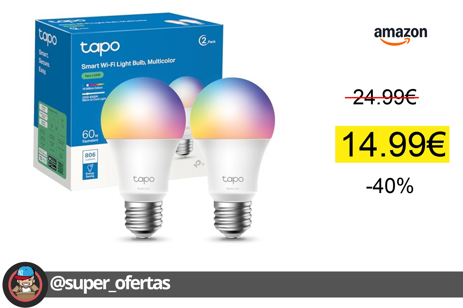 〽Tapo L530E – Bombilla LED inteligente Wi-Fi, multicolor, regulable, casquillo E27, 60W, 806