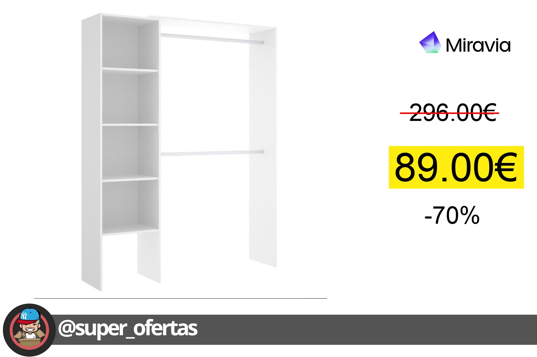 〽MOBELCENTER - Armario Vestidor Suit Reversible con 2 Barras y 4 Estantes - Color Blanco - Anch oferta descuento