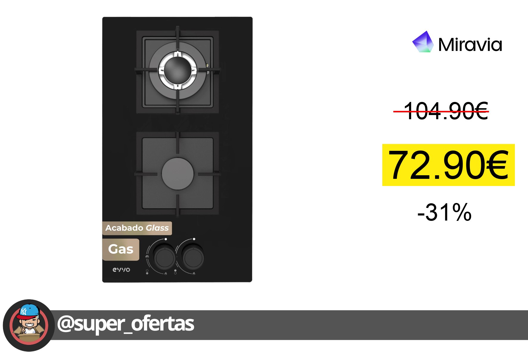 〽EVVO Placa de Gas V35 Glass, 2 quemadores (Wok + semirrápido), 3,6 kW, Gas Natural/Butano, Cr