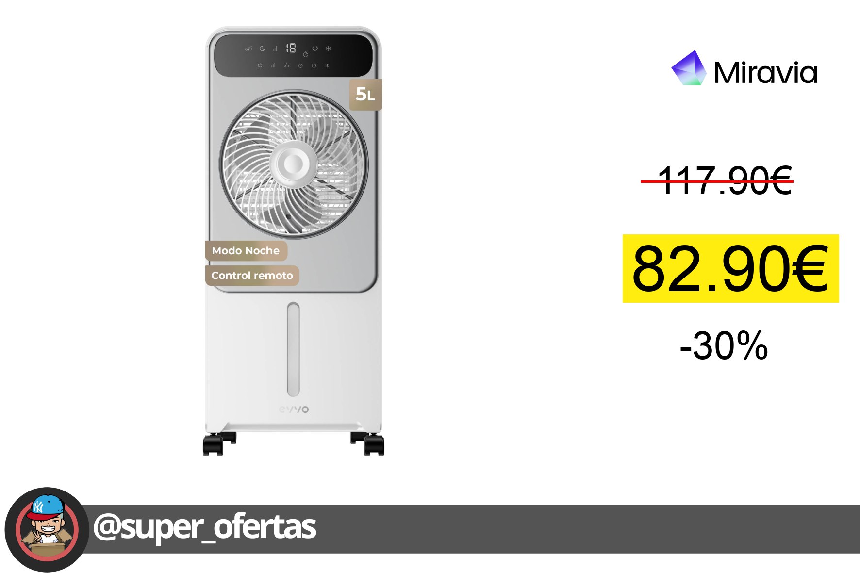 〽Climatizador Evaporativo Evvo Ac950, 65W, Depósito 5L, Control Táctil, 3 Modos, Temporizador