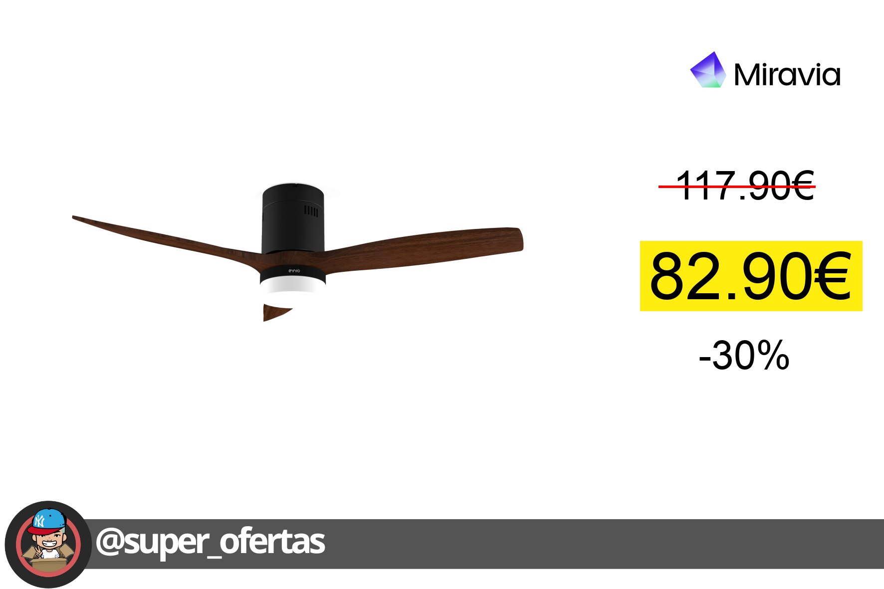 〽Ventilador de Techo EVVO V552 Dark Wood – 132 cm, 3 Aspas Madera Oscura, LED 18W 3 Tonos, 6