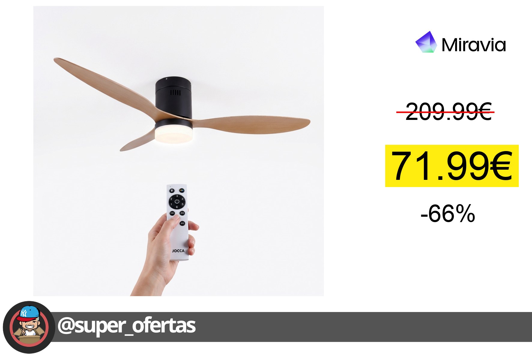 〽Ventilador de techo negro Jocca con 3 elegantes aspas con acabados de madera, 6 velocidades a