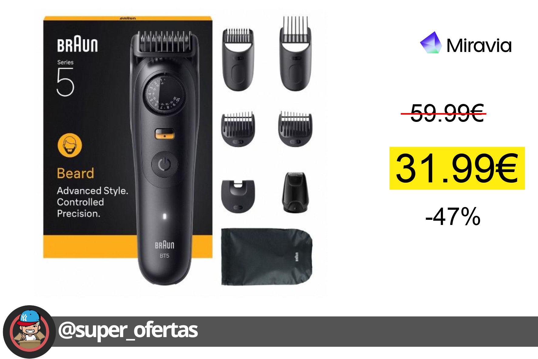 〽Braun Series 5, recortadora de barba con lámina ultraafilada, 40 ajustes de longitud, 120 min