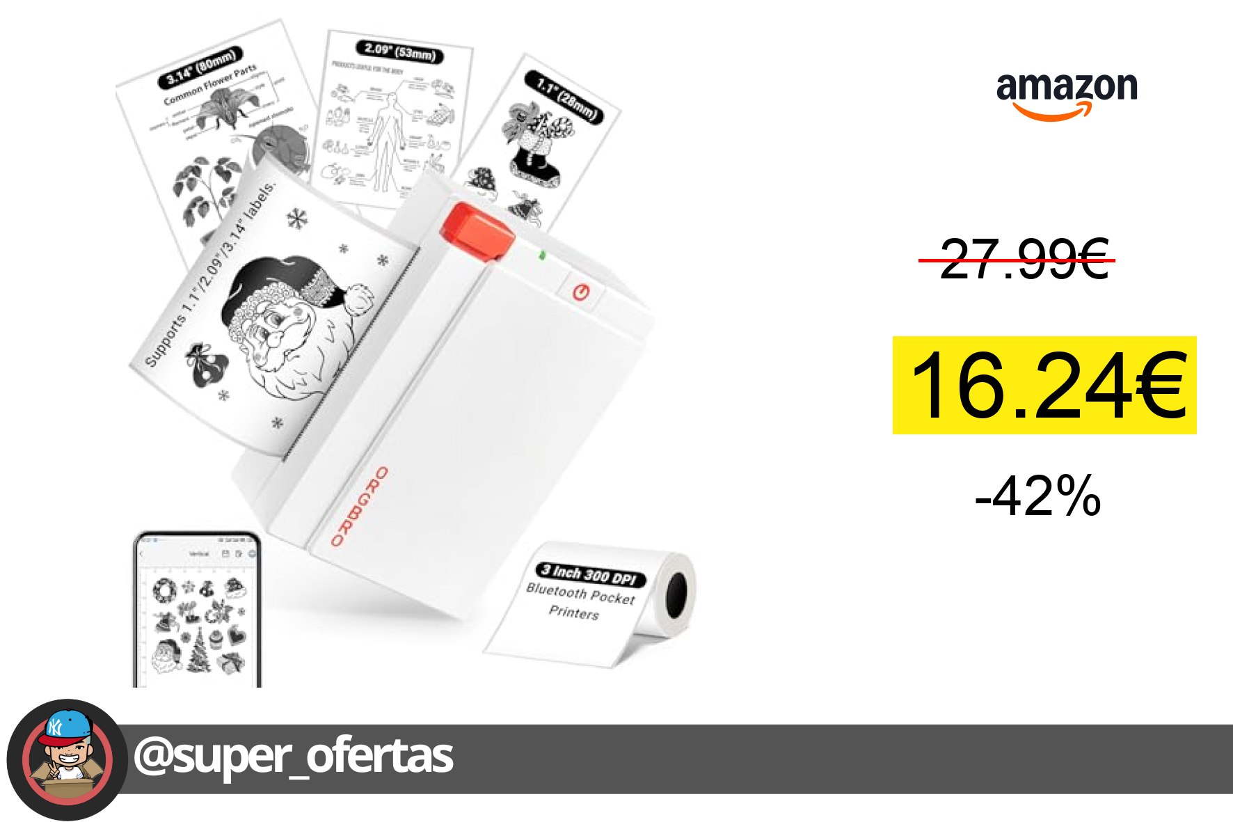 〽ORGBRO Mini Impresora Termica, X3 Bluetooth Impresora Pegatinas Autoadhesivas Portatil, con 1