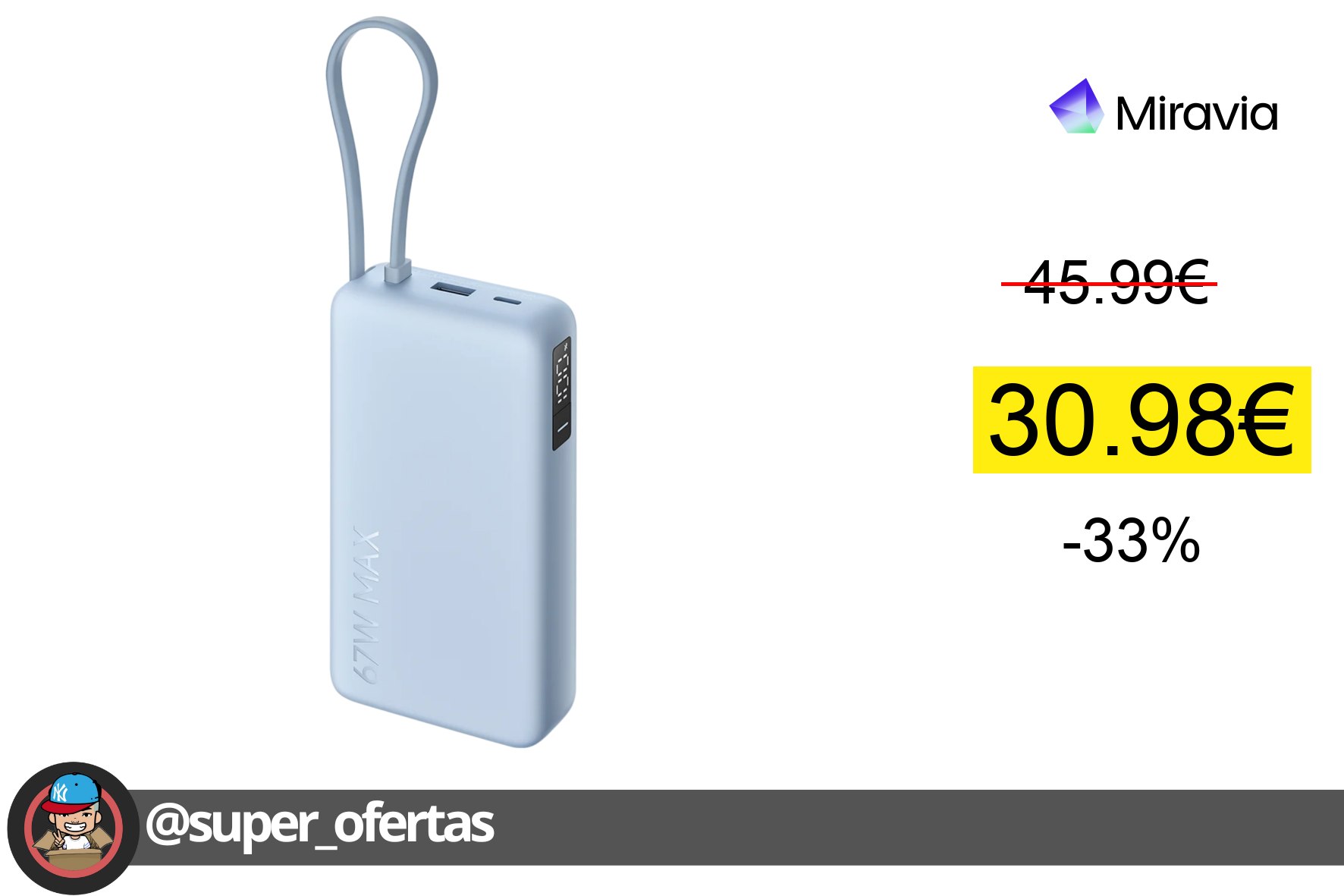 〽Xiaomi 67W Power Bank 20000 (Integrated Cable) - Carga 67W/65W, Cable USB-C, Pantalla Digital