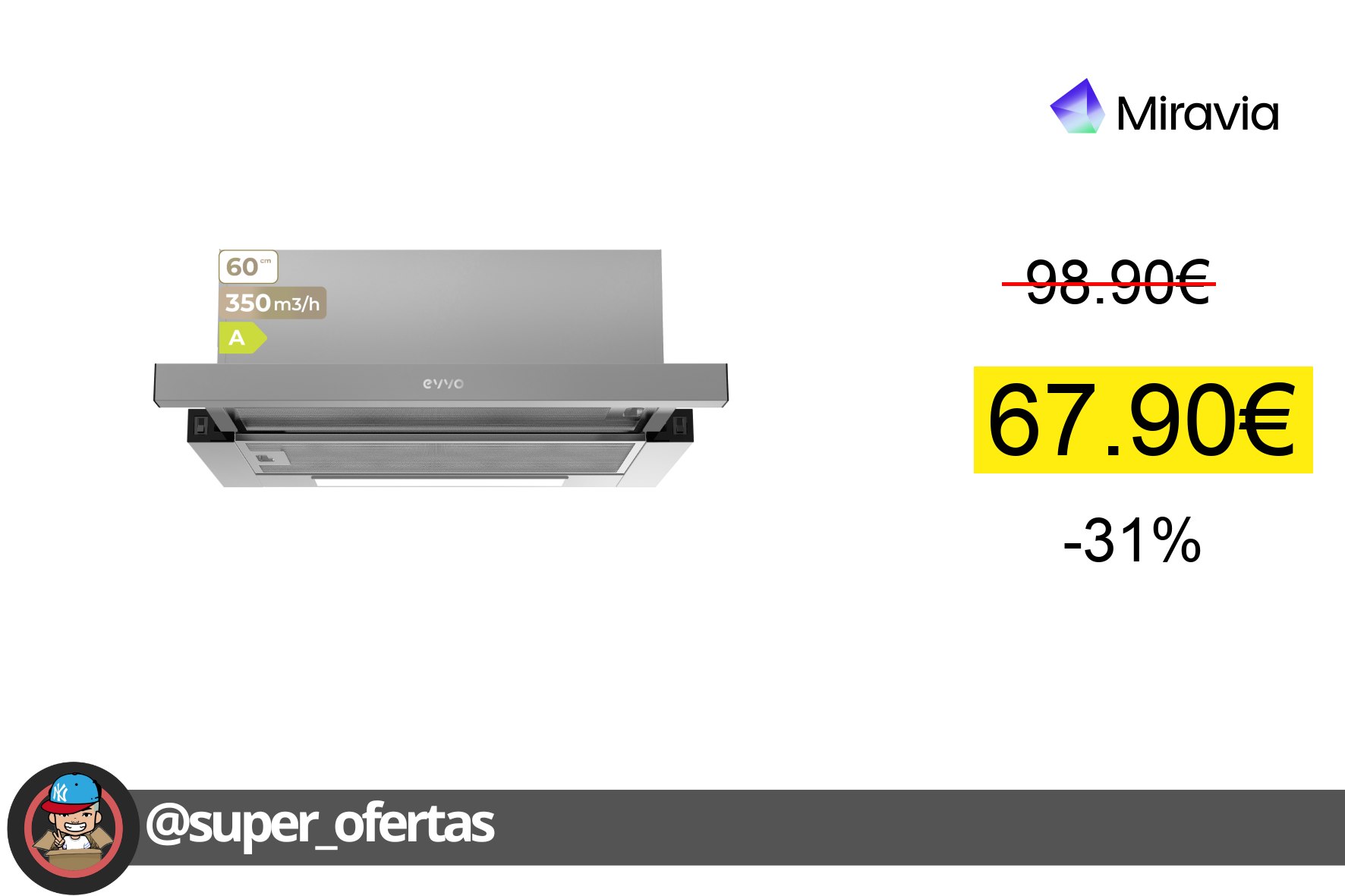 〽EVVO Campana Extractora Telescópica CE10, Ancho 60 cm, Potencia 350 m³/h, 2 Velocidades, Fil