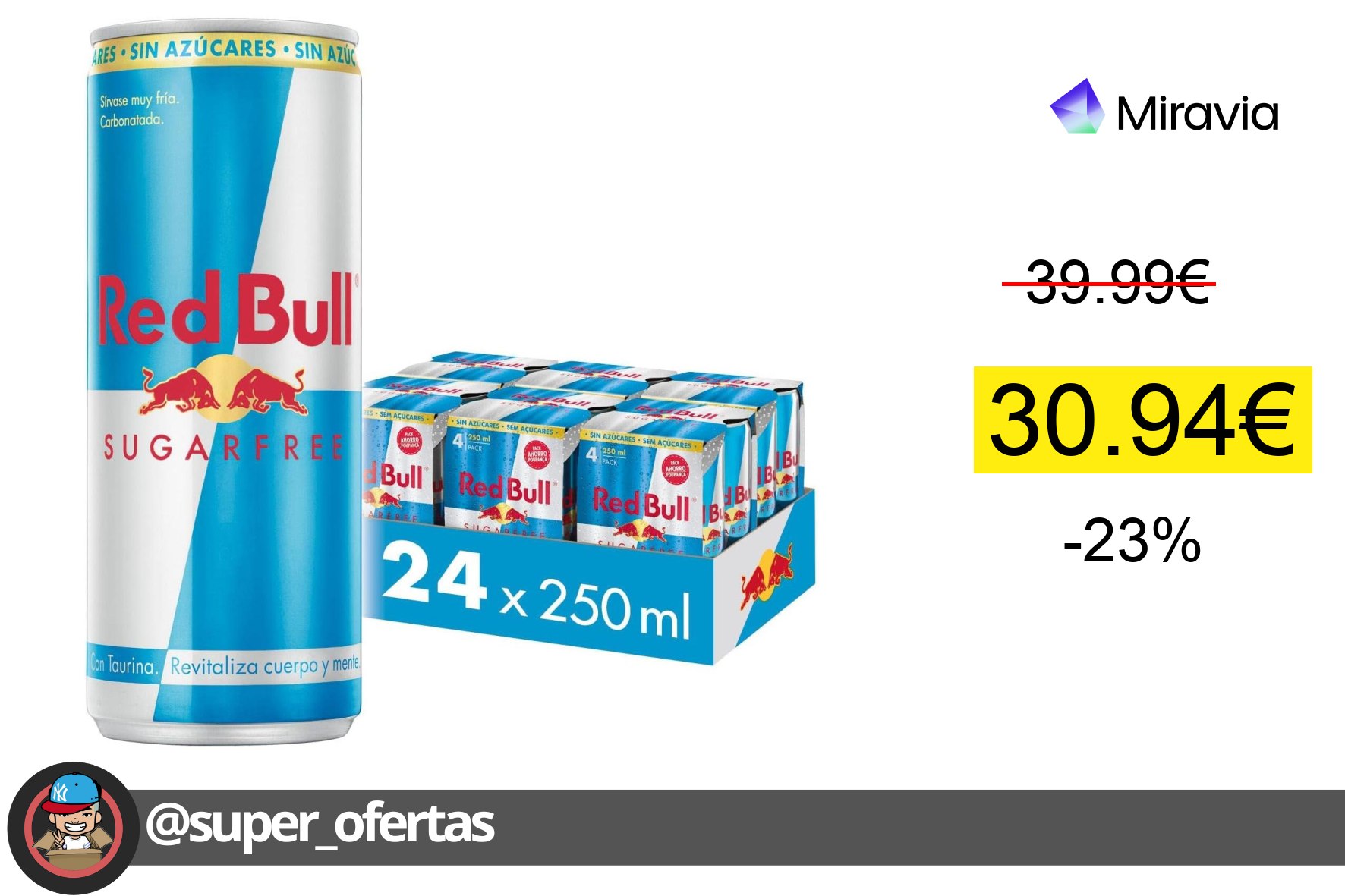 〽Red Bull Bebida Energética Sugarfree, Sin Azúcar, 24 x 250ml
