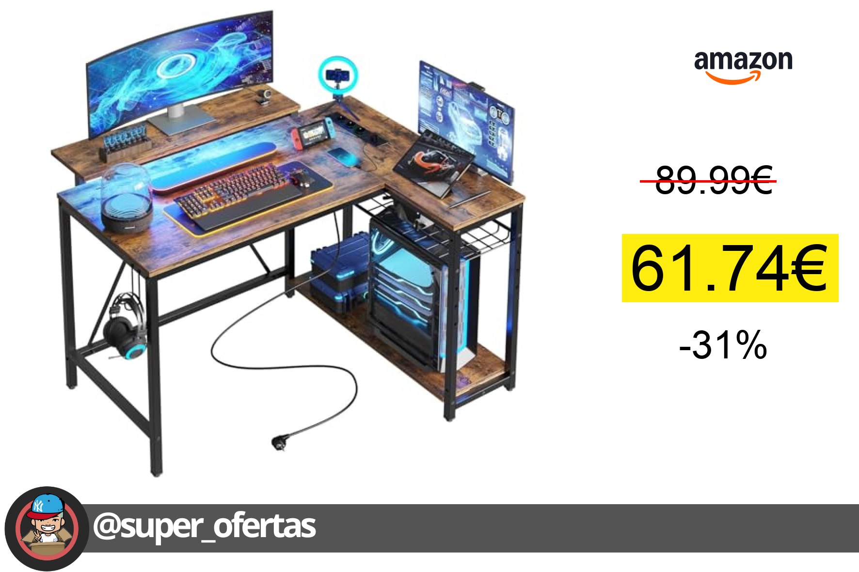 〽Bestier Escritorio en Forma de L con Tomas de Corriente y Luces LED, Escritorio Esquinero con