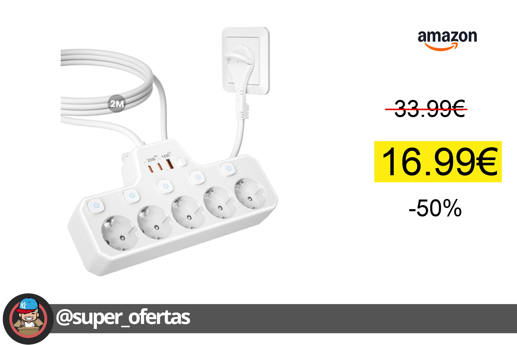 〽Regleta Enchufe Plano,Regleta 5 Tomas con USB C PD20W Carga Rápida,Enchufe Multiple Pared con