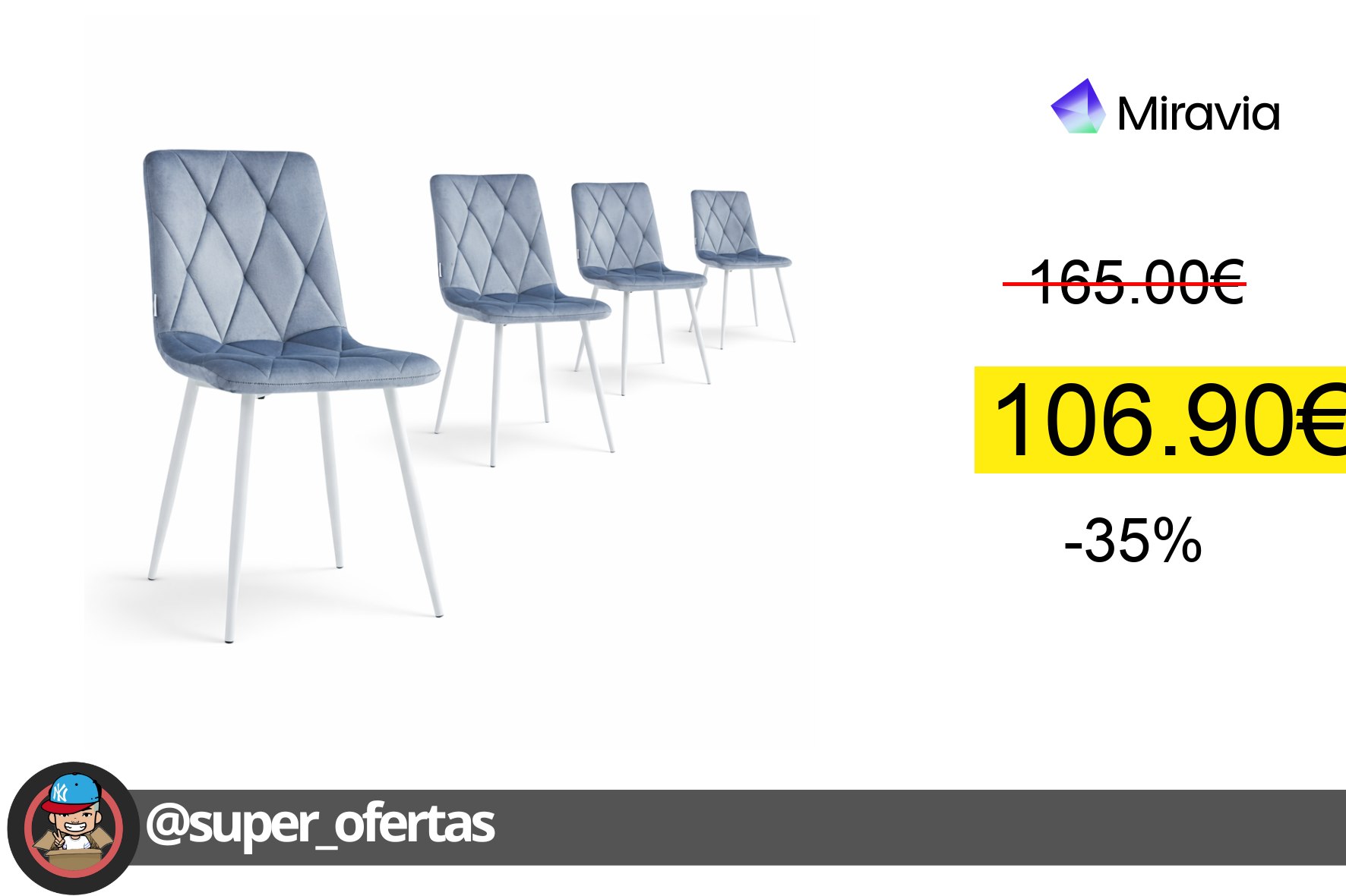 〽Minimal DECO Pack de 4 Sillas de Comedor Modernas Color Gris Azulado Tapizadas en Terciopelo A