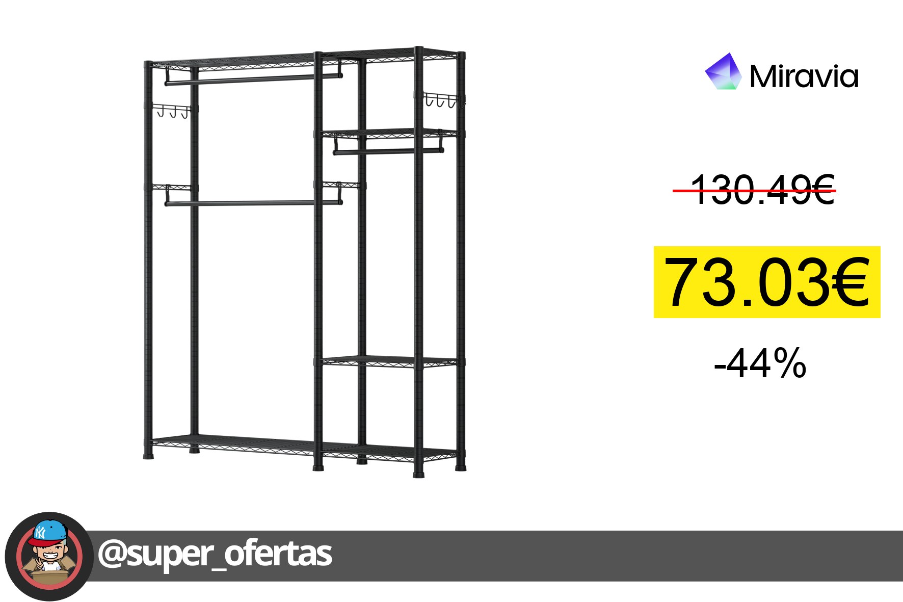 〽 Perchero resistente con estantes ajustables, capaz de soportar 363 kg. Ideal para dormitor
