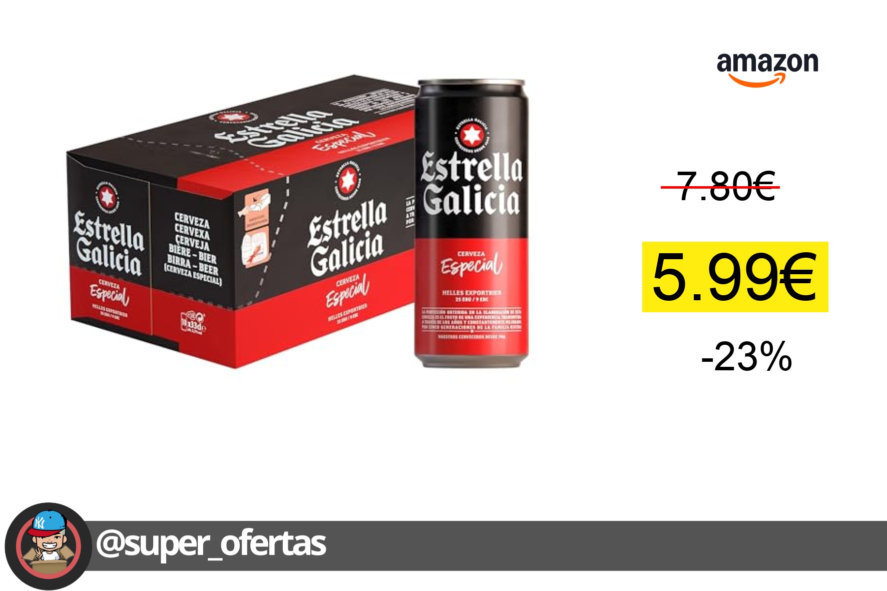 〽 Estrella Galicia - Especial, Cerveza Lager, Frigopack, 10 Latas x 33 cl por 5,99€ con -2