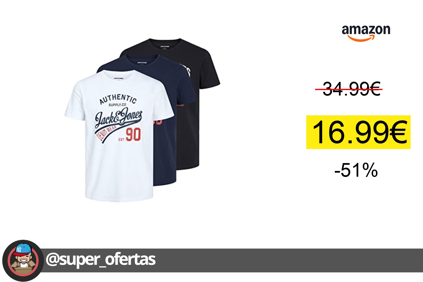 〽 Camiseta Jack & Jones Male por 16,99€ con -51% de descuento. ¡Ahorras 18,00€! &
