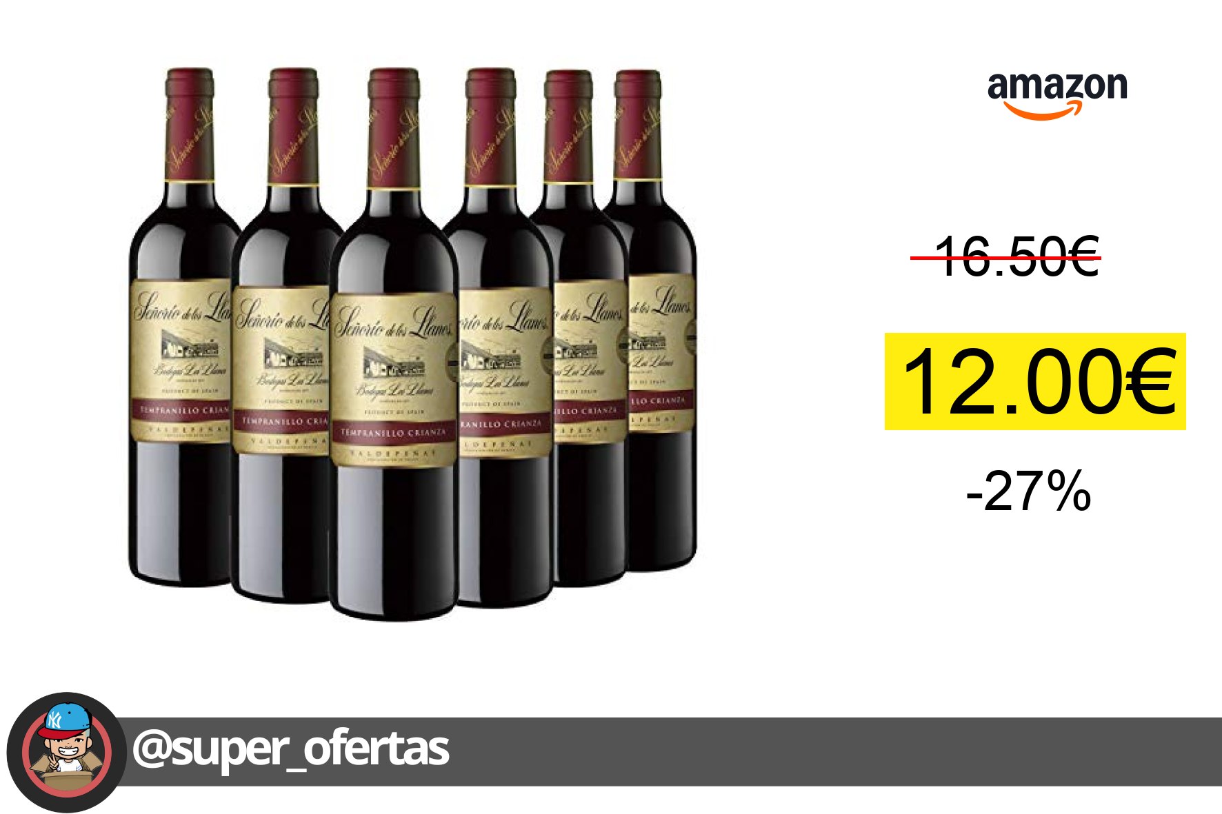 〽 Vino Señorío de los Llanos Crianza, 6x750 ml por solo 12,00€ con un -27% de descuent